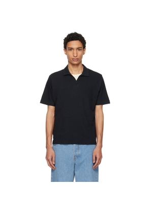 Merz b. Schwanen Black Linen-Cotton Relaxed Fit Polo