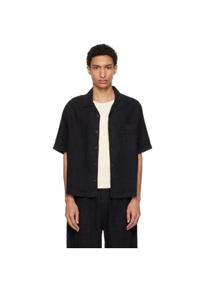 Merz b. Schwanen Black Linen Bowling Shirt