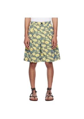 Marni Green & Yellow Linen Blend Blurry Floral Print Shorts