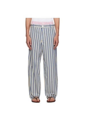Marni Blue & Yellow Striped Poplin Trompe L'Oeil Effect Trousers