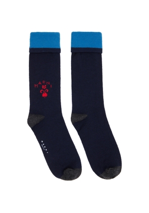 Marni Navy Wool Flower Logo Socks