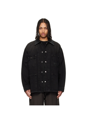 WOOYOUNGMI Black Leather Collar Tin-washed Denim Coat