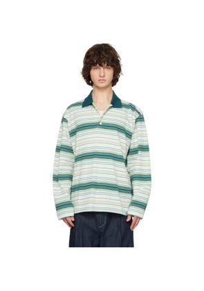 Solid Homme Green Striped Drawstring Collar Neck Long Sleeve Polo