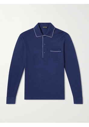 TOM FORD - Piped Silk and Cotton-Blend Piqué Polo Shirt - Men - Blue - IT 44