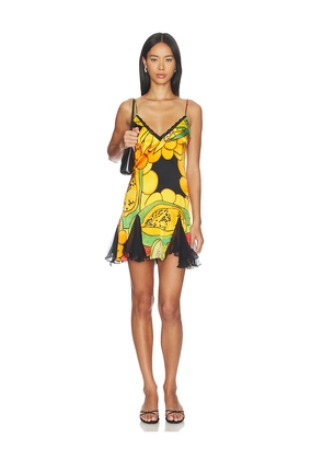 Donde Esteban Frutas Silk Satin Lace Mini Dress in Yellow,Black. Size XS. Also in S, M, L.