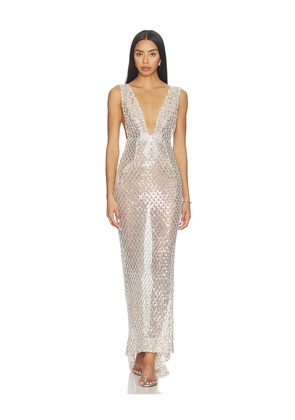 Bronx and Banco Liora Crystal Bridal V-neck Maxi Dress in Metallic Silver. Size XS. Also in S, M, L, XL.