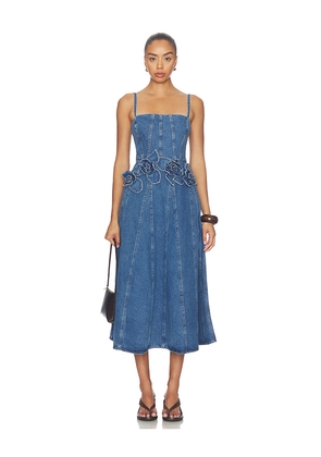 AKNVAS Eryn Midi Denim Dress With 3d Rose Detail in Blue. Size 0. Also in 2, 4, 6, 10, 12.