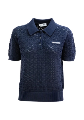 Miu Miu open-knit logo-patch polo top - Blue