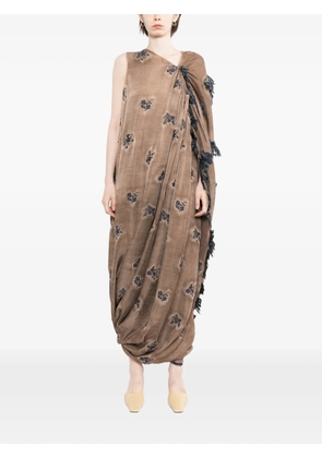 Uma Wang floral-embroidered fringed dress - Brown