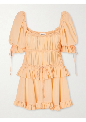 Chloé - Shirred Tiered Silk Georgette Mini Dress - Orange - FR 34,FR 36,FR 38,FR 40,FR 42,FR 44