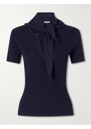 Max Mara - Tie-detailed Ribbed Jersey T-shirt - Blue - x small,small,medium,large,x large