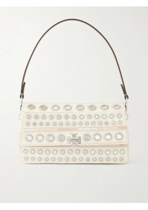 Tory Burch - Charlie Embellished Embroidered Canvas Shoulder Bag - Neutrals - One size