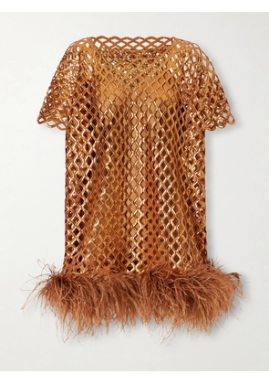 Dima Ayad - Feather-trimmed Sequined Blouse - Gold - x small,small,medium,large,x large