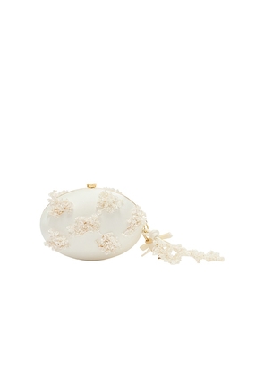 self-portrait Cream Satin Floral Beaded Oval Clutch in Cream.