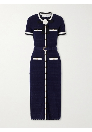 Self-Portrait - Embellished Bow-detailed Pointelle-knit Cotton-blend Midi Dress - Blue - x small,small,medium,large