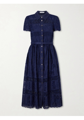 Self-Portrait - Belted Embroidered Lace-trimmed Ramie Midi Dress - Blue - UK 4,UK 6,UK 8,UK 10,UK 12,UK 14,UK 16