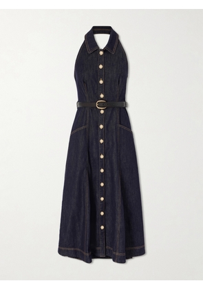 Self-Portrait - Belted Halterneck Denim Midi Dress - Blue - UK 4,UK 6,UK 8,UK 10,UK 12,UK 14,UK 16