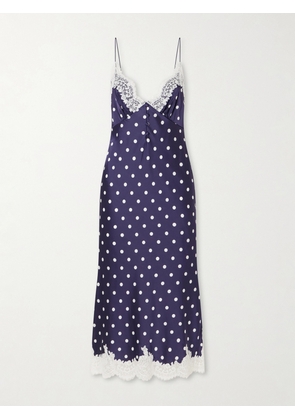 Self-Portrait - Lace-trimmed Polka-dot Satin Midi Dress - Blue - UK 4,UK 6,UK 8,UK 10,UK 12,UK 14,UK 16