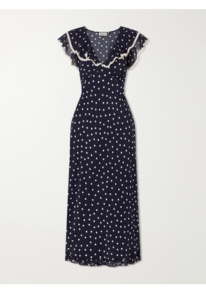 RIXO - Bethea Crochet-trimmed Polka-dot Crepe Midi Dress - Blue - UK 6,UK 8,UK 10,UK 12,UK 14,UK 16,UK 18,UK 20