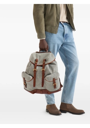 Brunello Cucinelli virgin wool, alpaca and cashmere flannel field backpack with grained calfskin inserts - Grey