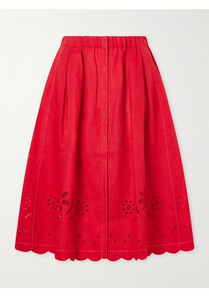 Vita Kin - Broderie Anglaise-trimmed Linen Midi Skirt - Red - x small,small,medium,large