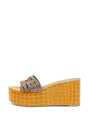 Gina crystal-studded croc-embossed slip-on wedge sandals - Yellow