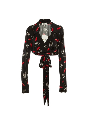 DVF Diane von Furstenberg Floating Face print wrap-around top - Black