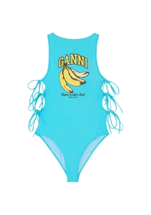 GANNI banana-print lace-up swimsuit - Blue