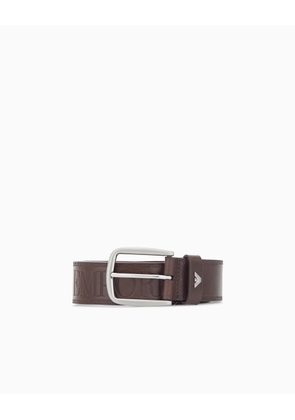 Leather tongue belt with an embossed logo and metal buckle