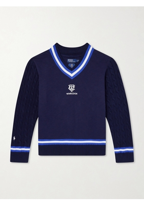 Polo Ralph Lauren - Wimbledon Logo-Embroidered Cable-Knit Cotton-Blend Fleece Sweater - Men - Blue - S