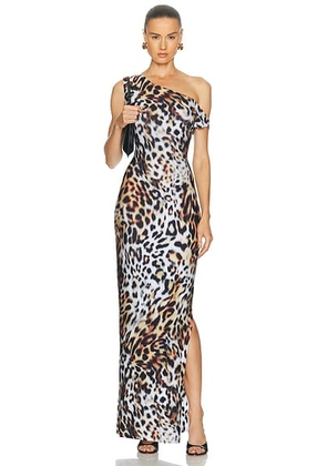 Norma Kamali Drop Shoulder Side Slit Fitted Gown in Urban Animal - Brown. Size XS (also in S, M, L).
