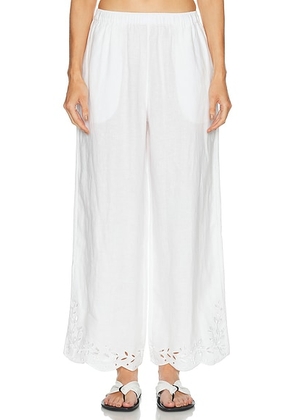 LUNYA Linen Embroidered Eyelet Pant in Sincere White - White. Size XS (also in S, M, L).