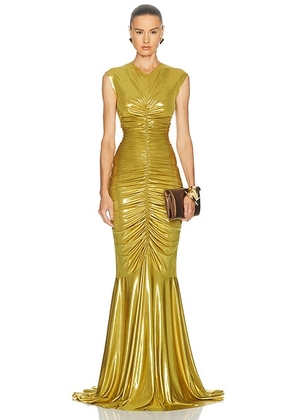 Norma Kamali Sleeveless V Neck Shirred Front Fishtail Gown in Rich Gold - Metallic Gold. Size XS (also in S, M, L).
