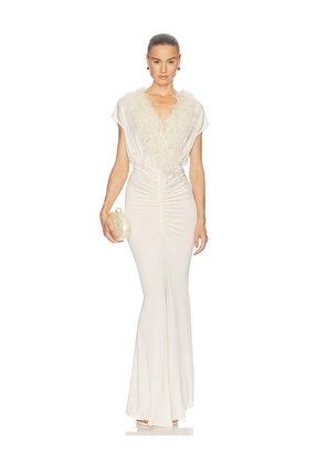Lapointe V Neck Shirred Gown With Feathers in Cream. Size L. Also in XS, S.