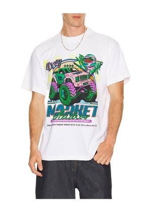 Market Monster Truck Rally T-Shirt in White. Size L. Also in S, M, XL/1X.
