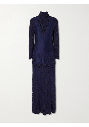 RABANNE - Lace-trimmed Jersey Maxi Dress - Blue - FR 36,FR 38,FR 40,FR 42,FR 44