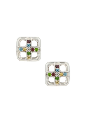 MAPLE Cross Earrings in Metallic Silver.