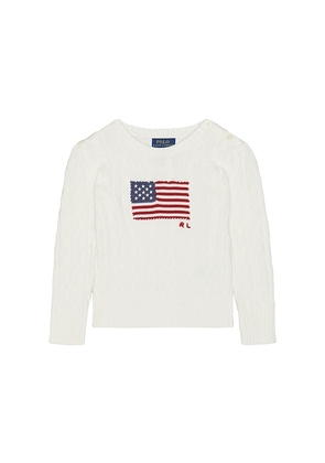 Polo Ralph Lauren Long Sleeve Cotton Cable Knit Flag Crewneck Sweater in White. Size 2. Also in 3, 4, 6.