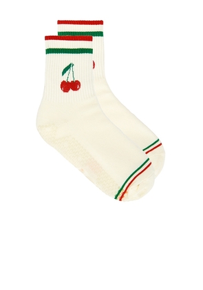 Stems Cherry Grip Striped Crew Socks in Ivory.