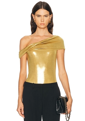 Norma Kamali Sleeveless Cowl Neck Bodysuit in Rich Gold - Metallic Gold. Size XS (also in S, M, L).