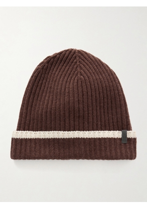 Brunello Cucinelli - Embellished Striped Ribbed Cashmere Beanie - Brown - S,M,L