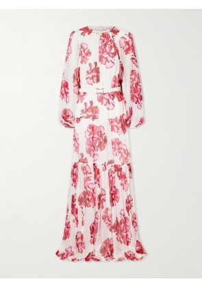 Rebecca Vallance - Damask Rose Embellished Tiered Floral-print Georgette Maxi Dress - Pink - UK 4,UK 6,UK 8,UK 10,UK 12,UK 14