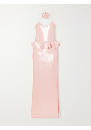 Rodarte - Floral-appliquéd Ruffled Sequined Mesh Halterneck Gown - Pink - US0,US2,US4,US6,US8
