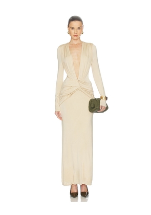 Shona Joy Miro Long Sleeve Plunged Maxi Dress in Nude. Size S. Also in XS, M, L, XL.