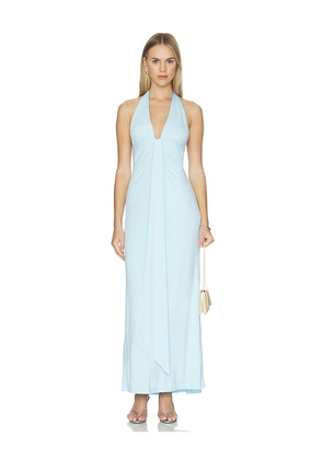 SEVEN WONDERS Kaeli Tie Front Halter Maxi Dress in Blue. Size XS. Also in S, M, L, XL.