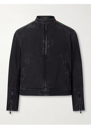 Gucci - Webbing-Trimmed Denim Biker Jacket - Men - Black - IT 46
