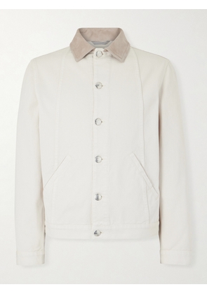 Brunello Cucinelli - Leather-Trimmed Denim Jacket - Men - Neutrals - IT 46