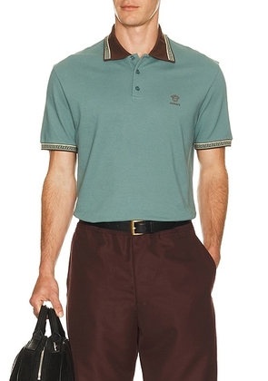 VERSACE Polo Piquet With Vintage Logo Embroidery in Dark Sage & Brown - Green. Size XL/1X (also in L, S, XXL/2X).