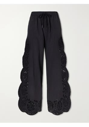 Sea - Vittoria Broderie Anglaise-trimmed Shell Wide-leg Pants - Black - xx small,x small,small,medium,large