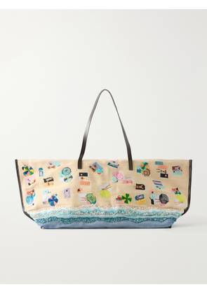 STAUD - Christos Large Leather-trimmed Embroidered Bead-embellished Canvas Tote - Neutrals - One size